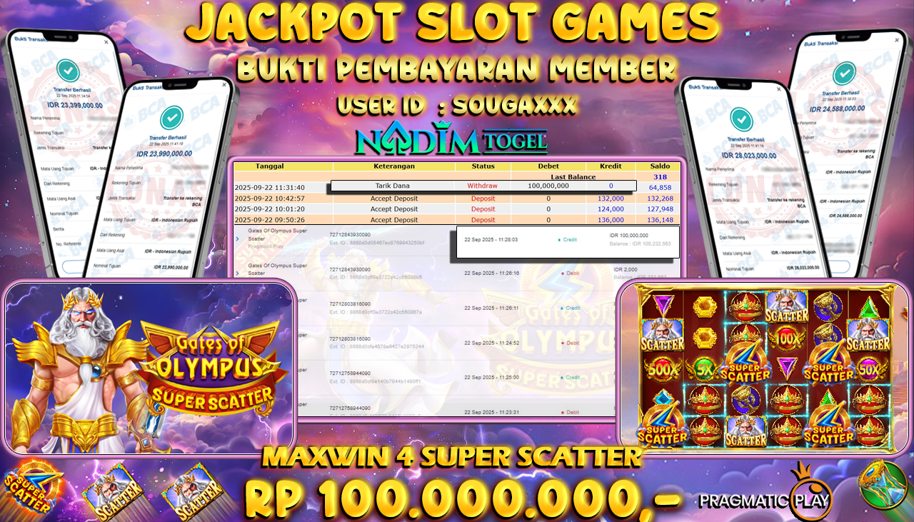 NADIMTOGEL JACKPOT SLOT GATES OF SUPER SCATTER Rp 100.000.000,- LUNAS