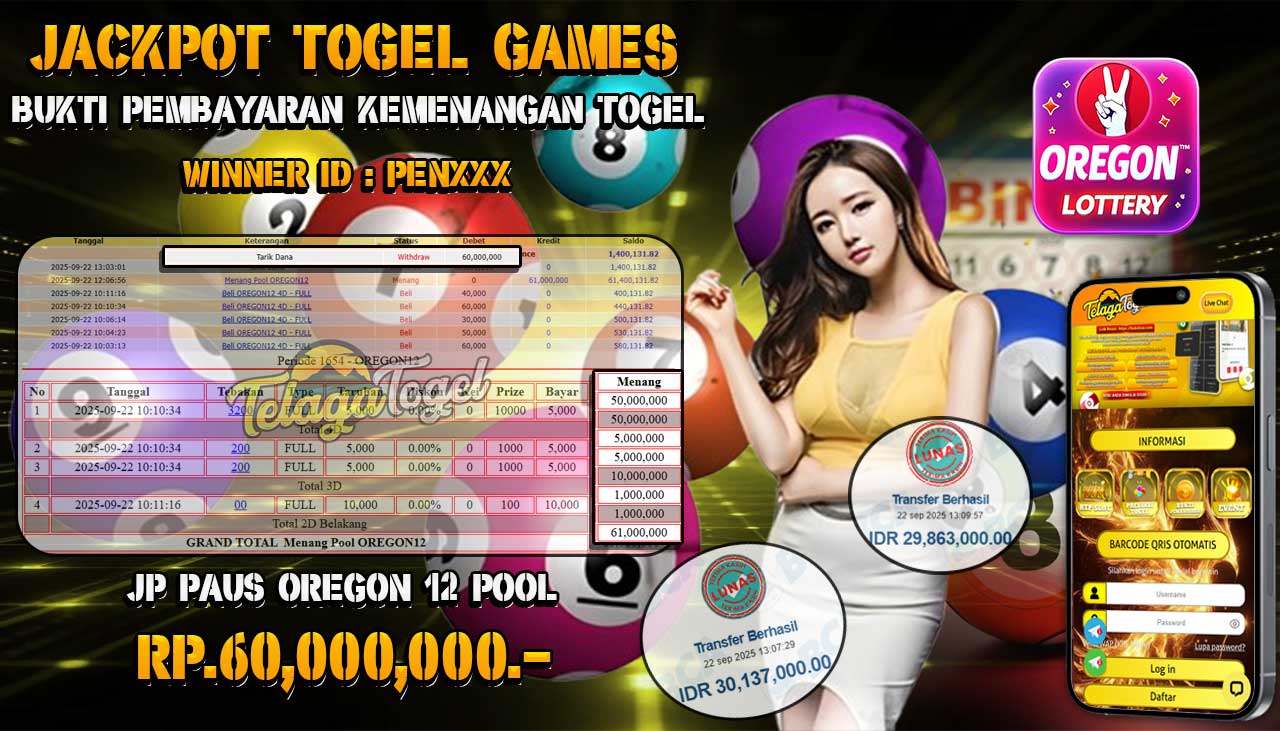 TELAGATOGEL JACKPOT TOGEL OREGON 12 Rp 60,000,000.- LUNAS  