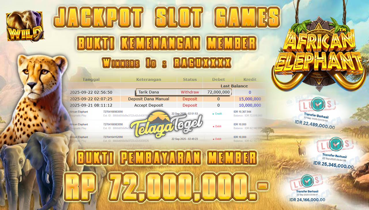 TELAGATOGEL JACKPOT SLOT AFRICAN ELEPHANT Rp 72,000,000.- LUNAS  