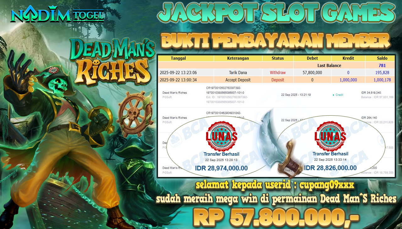 NADIMTOGEL JACKPOT SLOT Dead Man^S Riches - PGsoft Rp 57.800.000,- LUNAS