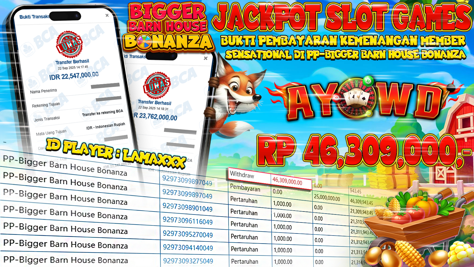 AYOWD JACKPOT SLOT GAMES PP-Bigger Barn House Bonanza Rp 46,309,000,- LUNAS