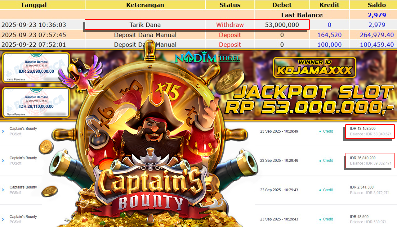 NADIMTOGEL JACKPOT SLOT CAPTAINS BOUNTY Rp 53.000.000,- LUNAS
