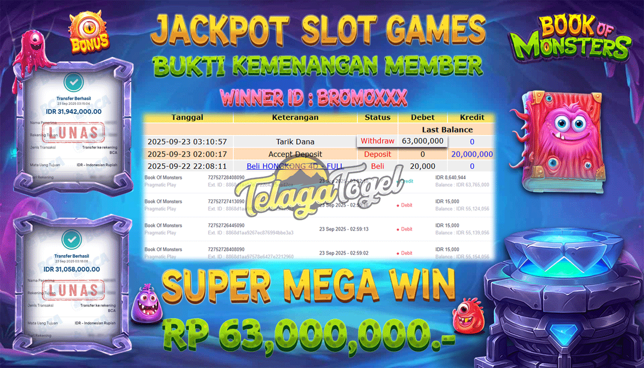 TELAGATOGEL JACKPOT SLOT BOOK OF MONSTER Rp 63,000,000.- LUNAS  