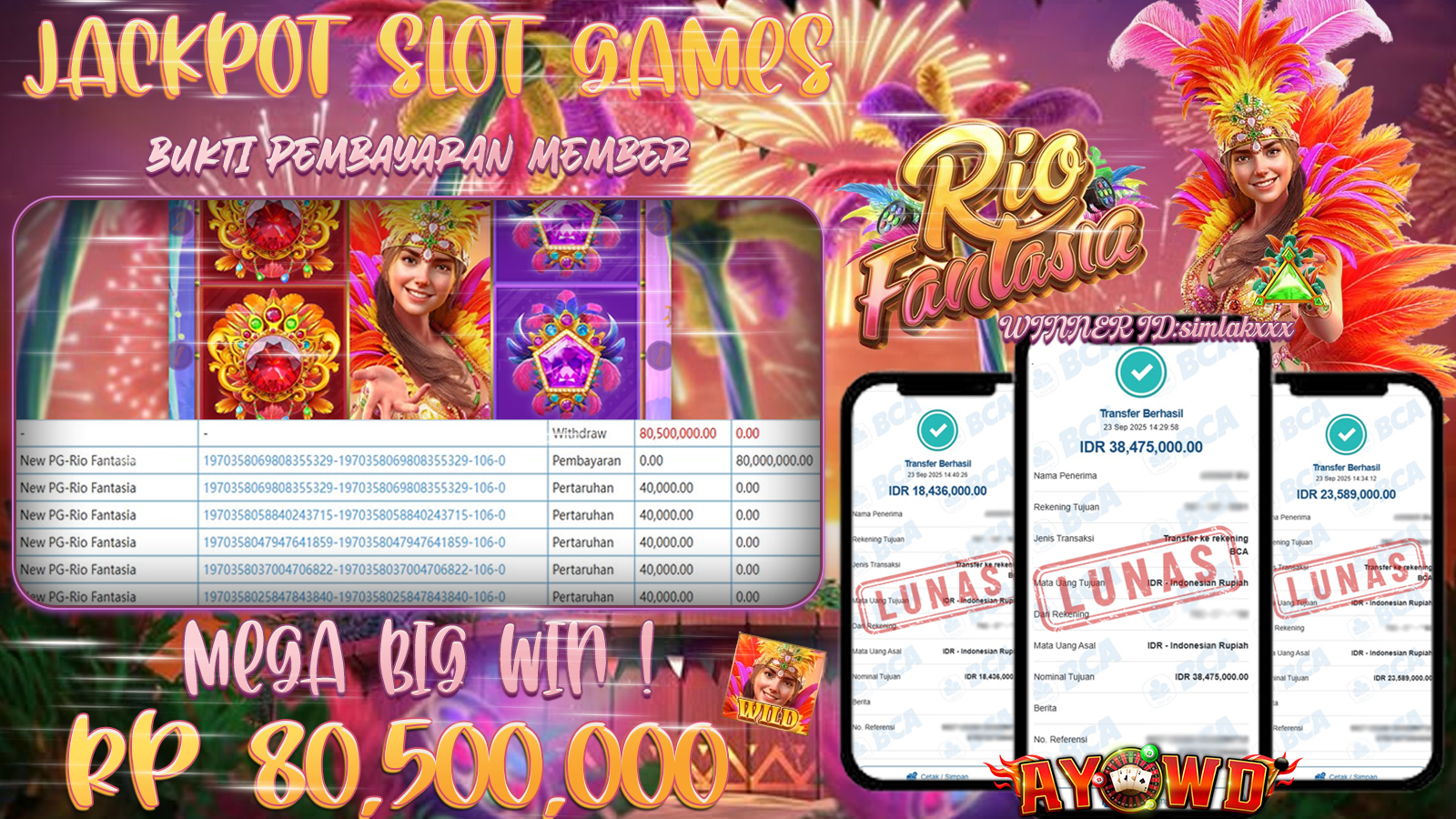 AYOWD JACKPOT SLOT GAMES PG-RIO FANTASIA Rp 80,500,000,- LUNAS