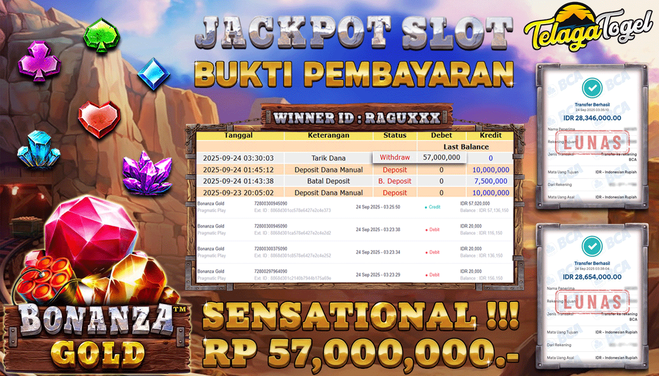 TELAGATOGEL JACKPOT SLOT BONANZA GOLD Rp 57,000,000.- LUNAS  