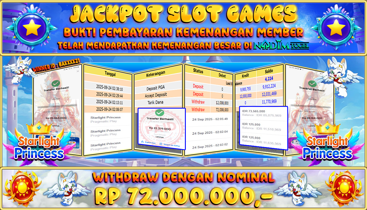 NADIMTOGEL JACKPOT SLOT STARLIGHT PRINCESS Rp 72.000.000,- LUNAS