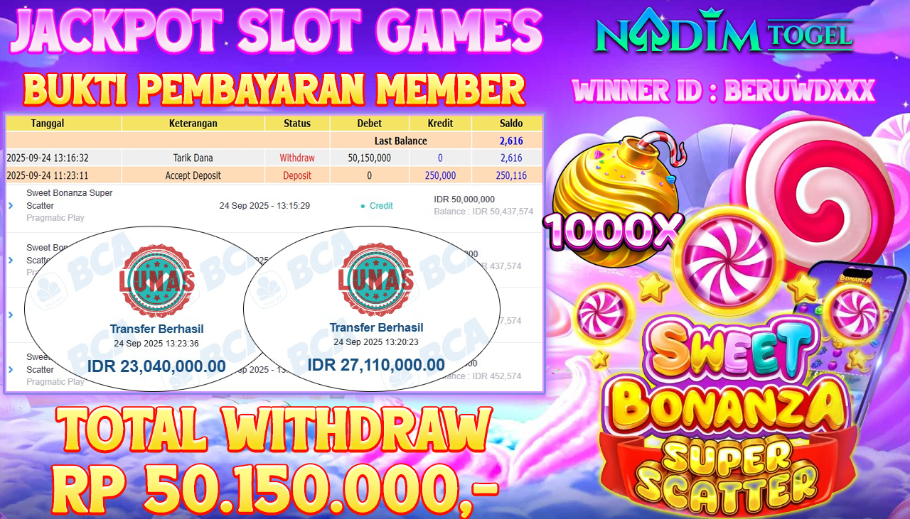 NADIMTOGEL JACKPOT SLOT SWEET BONANZA SUPER SCATTER  Rp 50.150.000,- LUNAS
