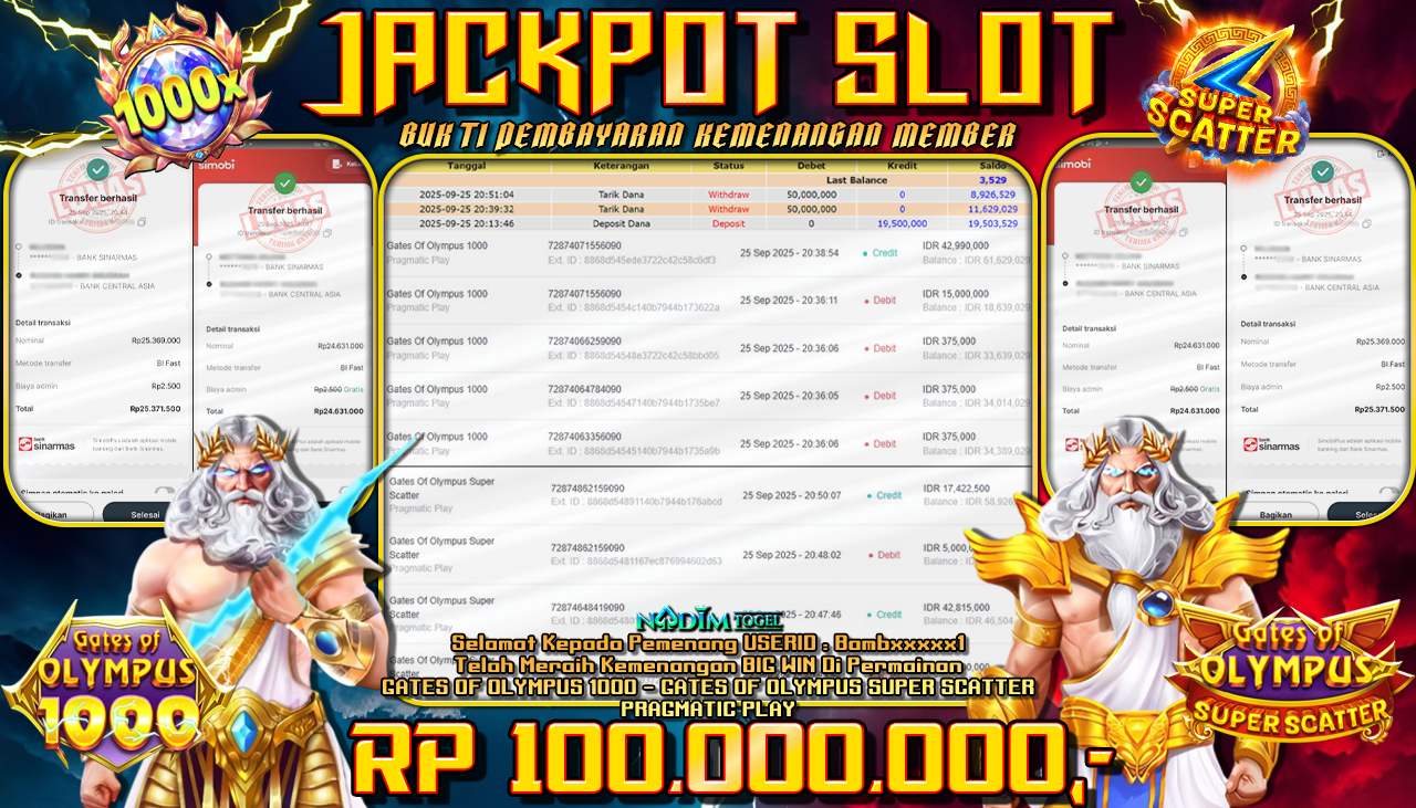 NADIMTOGEL JACKPOT SLOT GATES OF OLYMPUS 1000 & GATES OF OLYMPUS SUPER SCATTER  Rp 100.000.000,- LUNAS