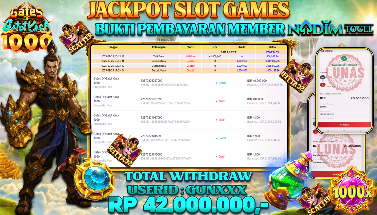 NADIMTOGEL JACKPOT SLOT GATES OF GATOT KACA 1000 - PRAGMATIC PLAY Rp 42.000.000,- LUNAS