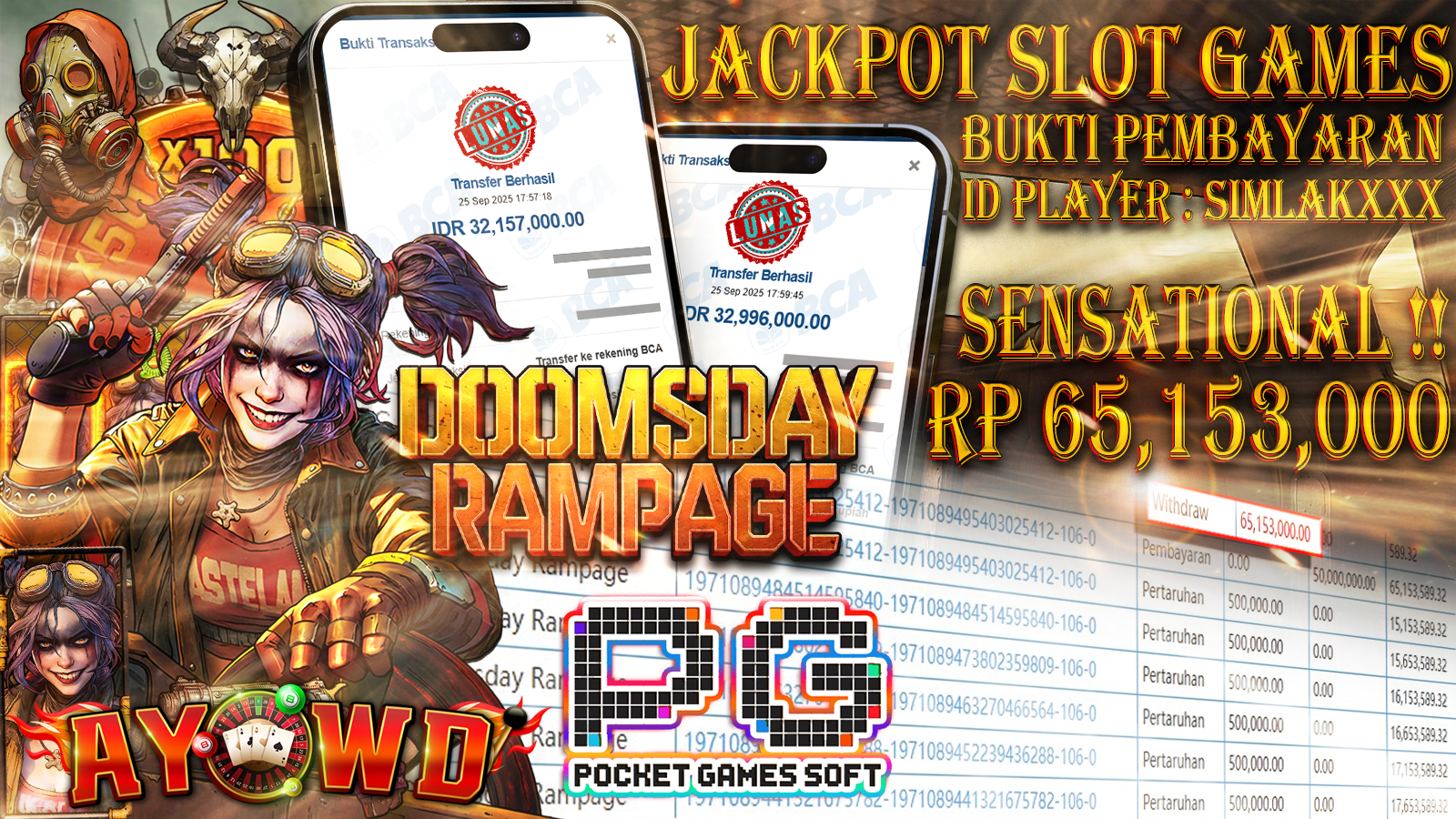 AYOWD JACKPOT SLOT GAMES PG-Doomsday Rampage Rp 65,153,000,- LUNAS