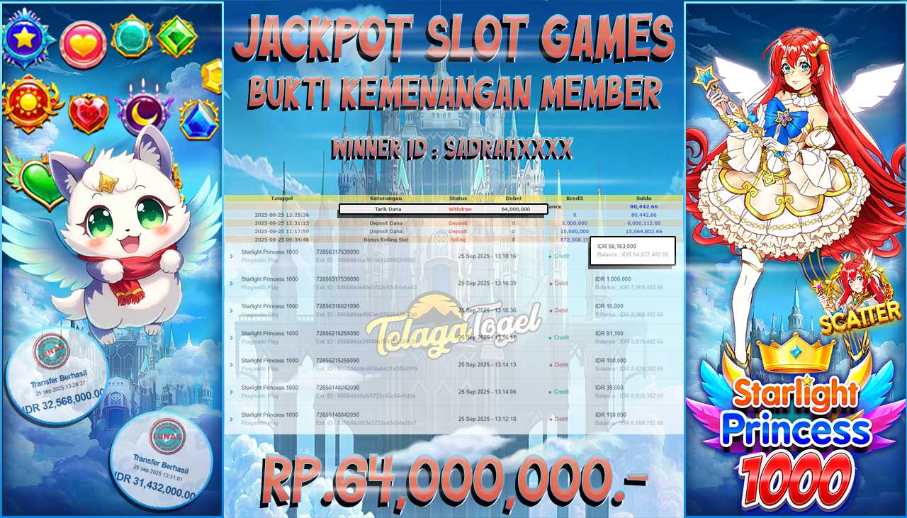 TELAGATOGEL JACKPOT SLOT STARLIGHT PRINCESS 1000 Rp 64,000,000.- LUNAS  