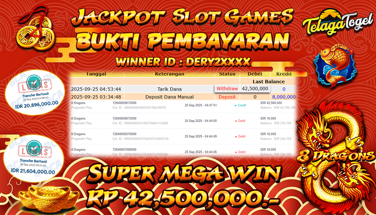TELAGATOGEL JACKPOT SLOT 8 DRAGONS Rp 42,500,000.- LUNAS  