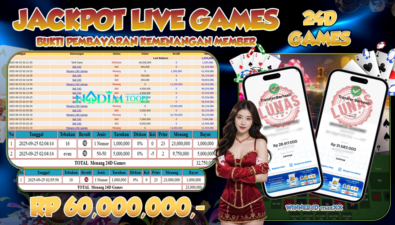NADIMTOGEL JACKPOT LIVE GAMES 24D  Rp 60.000.000,- LUNAS