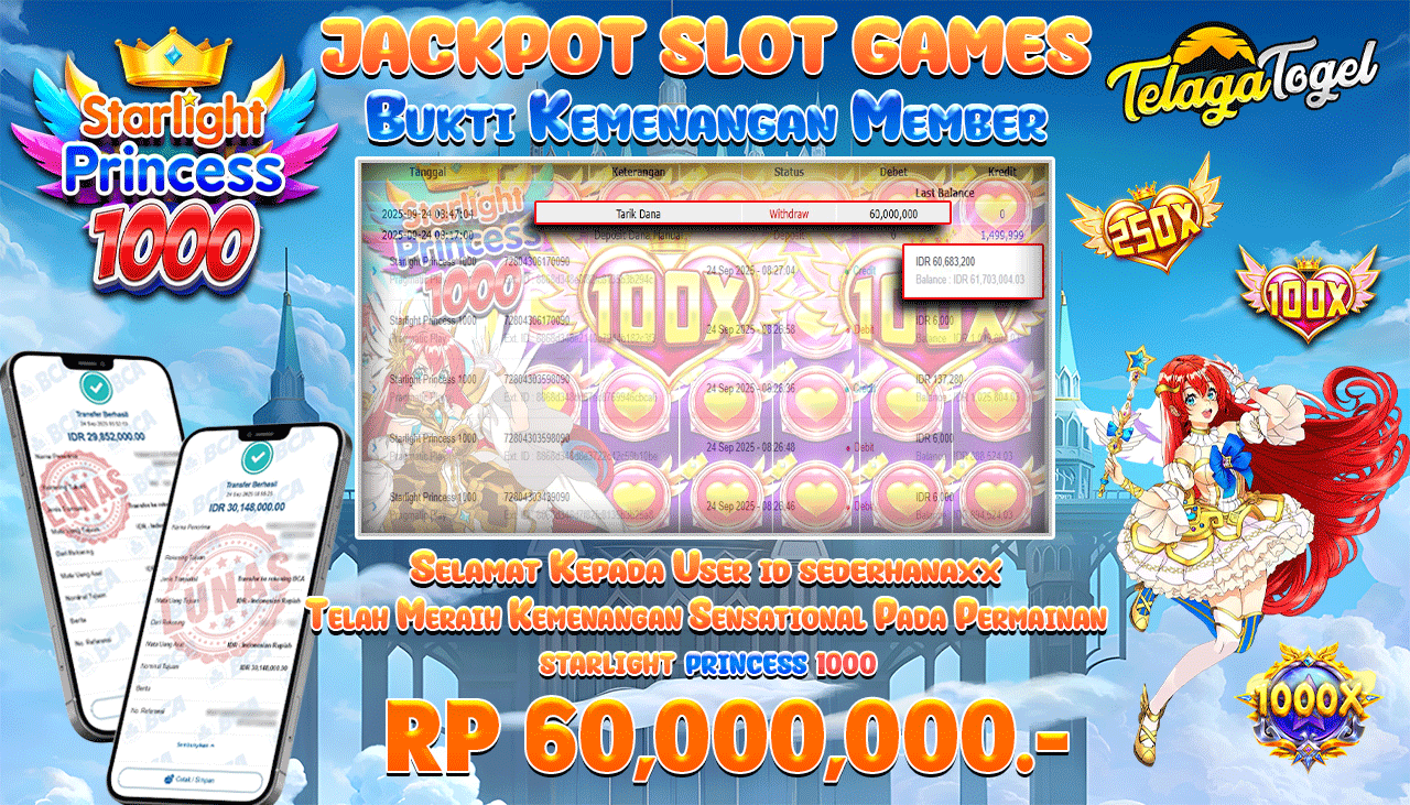 TELAGATOGEL JACKPOT SLOT STARLIGHT PRINCESS 1000 Rp 60,000,000.- LUNAS  