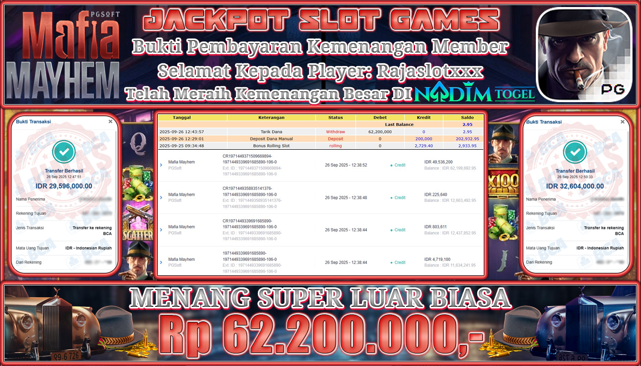 NADIMTOGEL JACKPOT SLOT MAFIA MAYHEM  Rp 62.200.000,- LUNAS