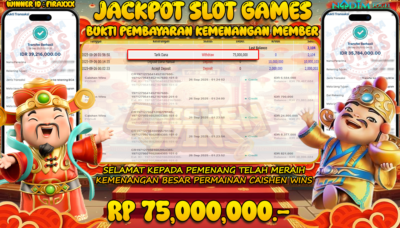 NADIMTOGEL JACKPOT SLOT CAISHEN WINS  Rp 75.000.000,- LUNAS