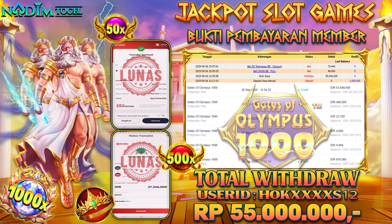 NADIMTOGEL JACKPOT SLOT GATES OF OLYMPUS 1000 - PRAGMATIC PLAY Rp 55.000.000,- LUNAS