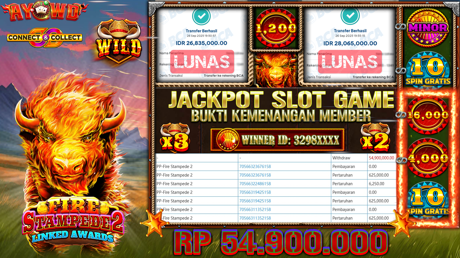 AYOWD JACKPOT SLOT GAMES PP-FIRE STAMPEDE2 Rp 54,900,000,- LUNAS