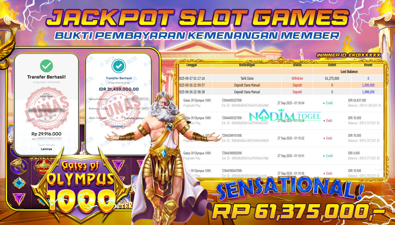 NADIMTOGEL JACKPOT SLOT GATES OF OLYMPUS 1000  Rp 61.375.000,- LUNAS