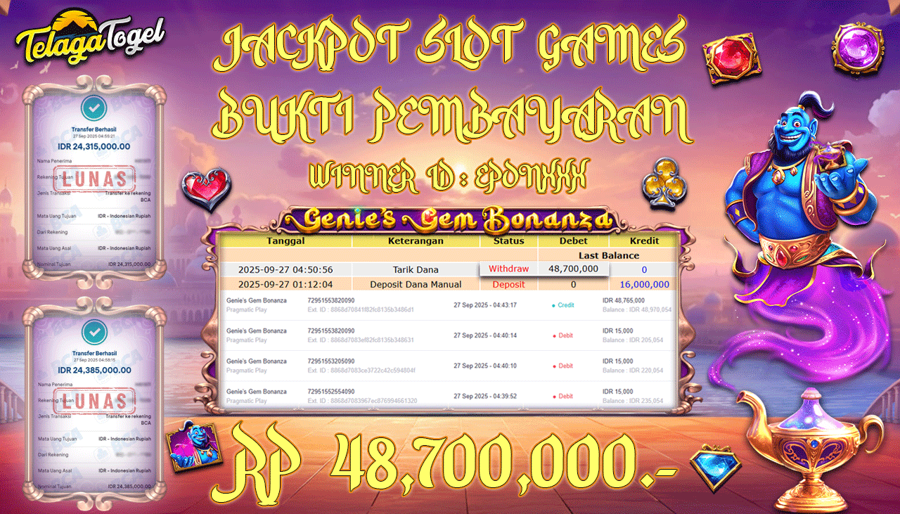 TELAGATOGEL JACKPOT SLOT GENIE'S GEM BONANZA Rp 48,700,000.- LUNAS  