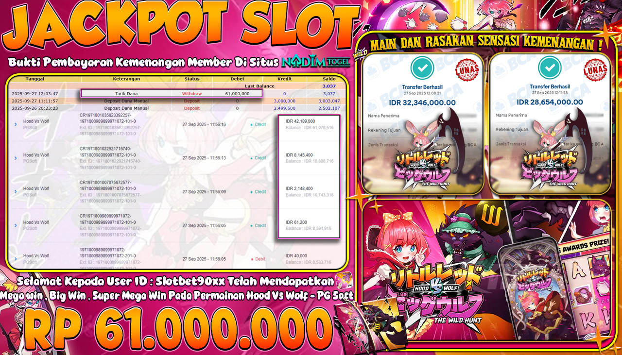 NADIMTOGEL JACKPOT SLOT HOOD VS WOLD Rp 61.000.000,- LUNAS