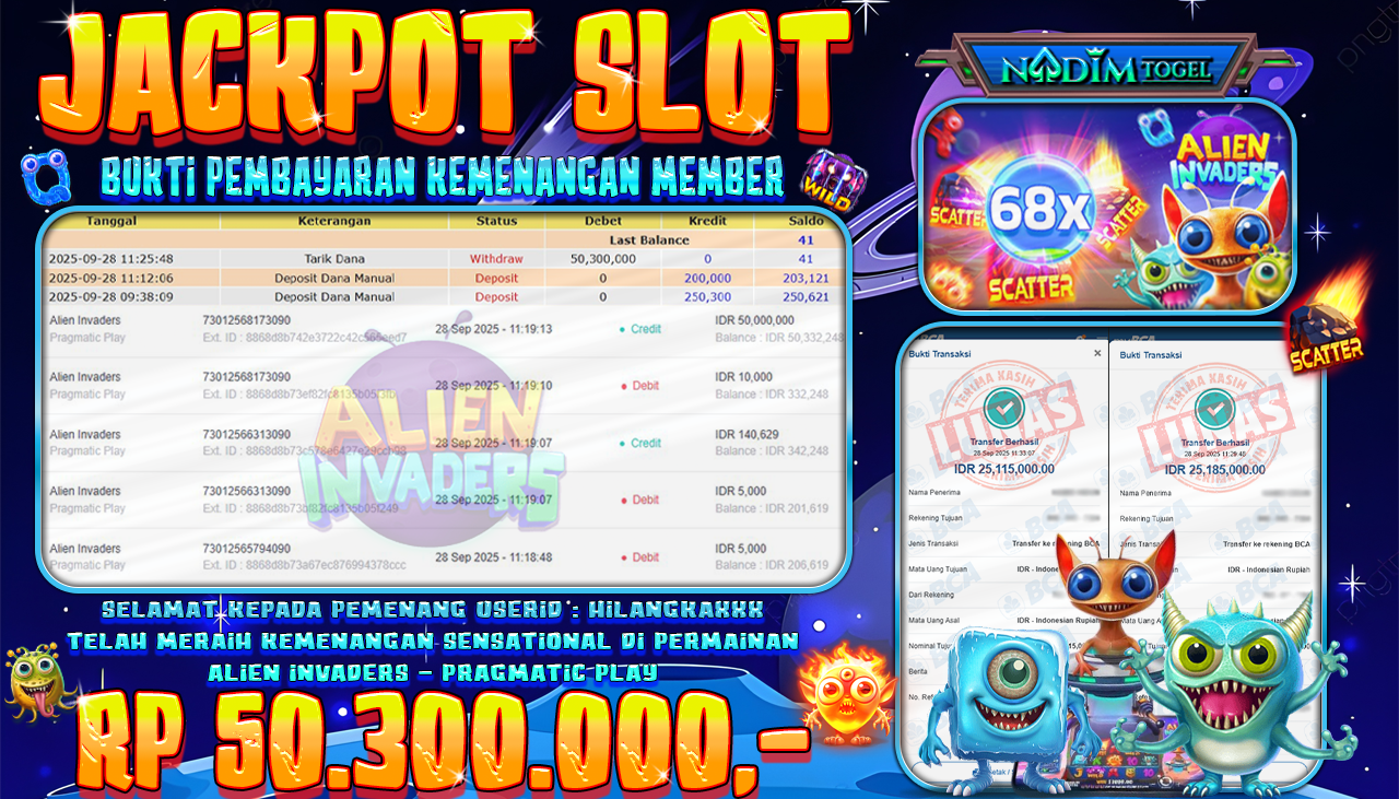 NADIMTOGEL JACKPOT SLOT ALIEN INVADERS  Rp 50.300.000,- LUNAS