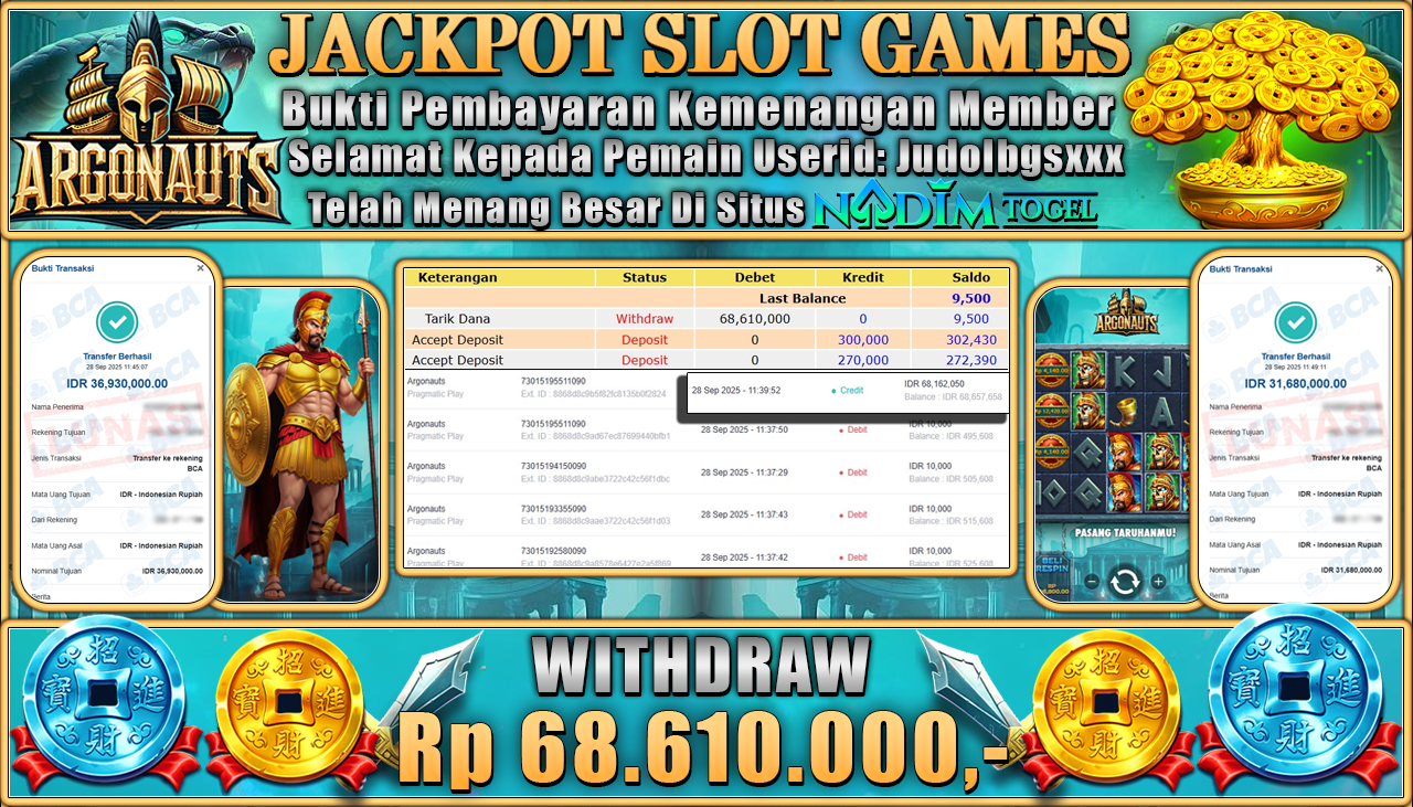 NADIMTOGEL JACKPOT SLOT ARGONAUTS Rp 68.610.000,- LUNAS