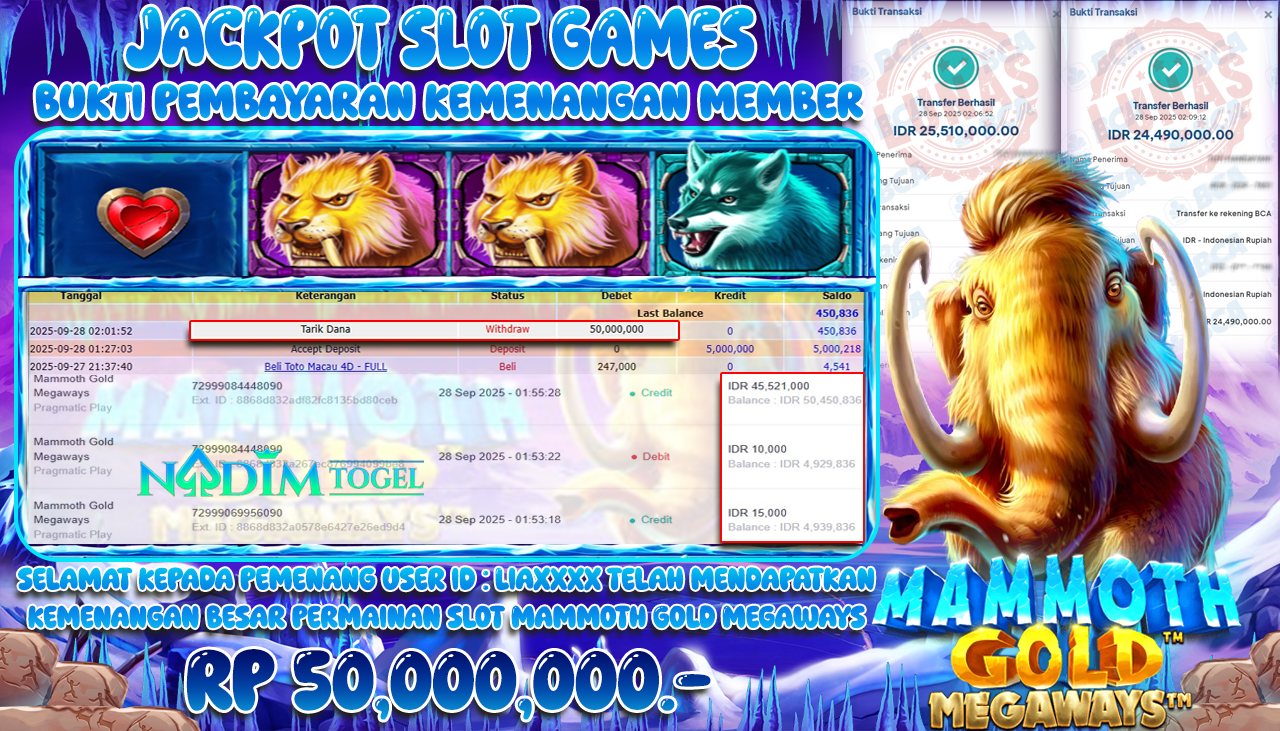 NADIMTOGEL JACKPOT SLOT MAMMOTH GOLD MEGAWAYS Rp 50.000.000,- LUNAS