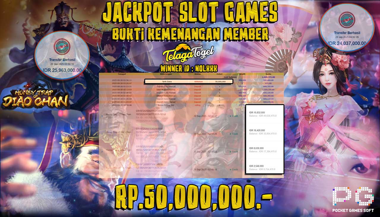 TELAGATOGEL JACKPOT SLOT HONEY TRAP OF DIAO CHAN Rp 50,000,000.- LUNAS  