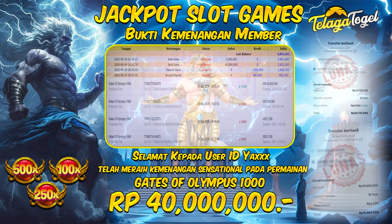 TELAGATOGEL JACKPOT SLOT GATES OF OLYMPUS 1000 Rp 40,000,000.- LUNAS  