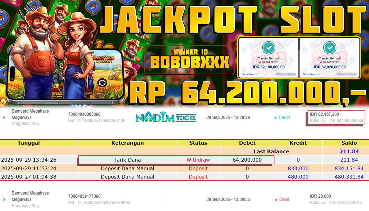NADIMTOGEL JACKPOT SLOT BARNYARD MEGAHAYS MEGAWAYS Rp 64.200.000,- LUNAS