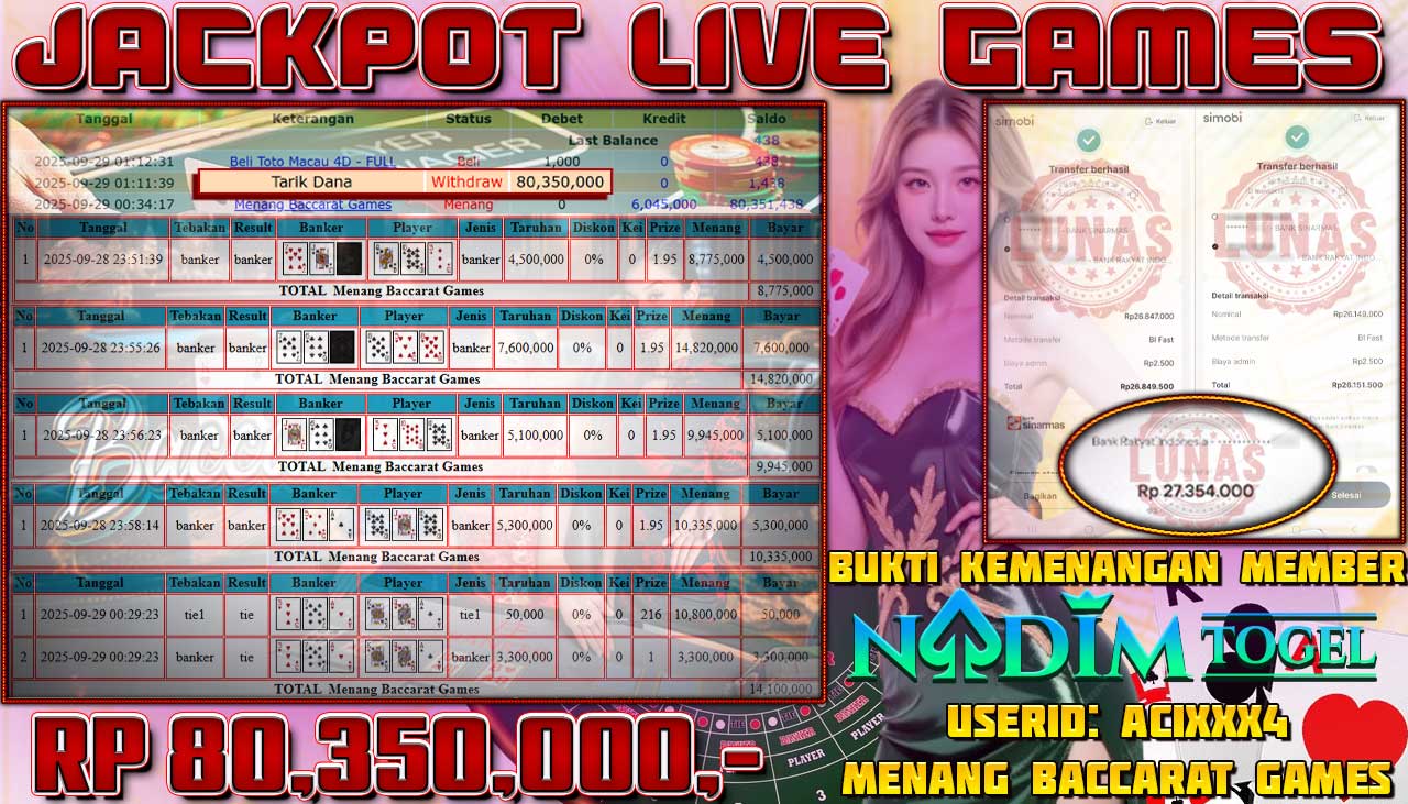 NADIMTOGEL JACKPOT LIVE GAMES BACCARAT Rp 80.350.000,- LUNAS