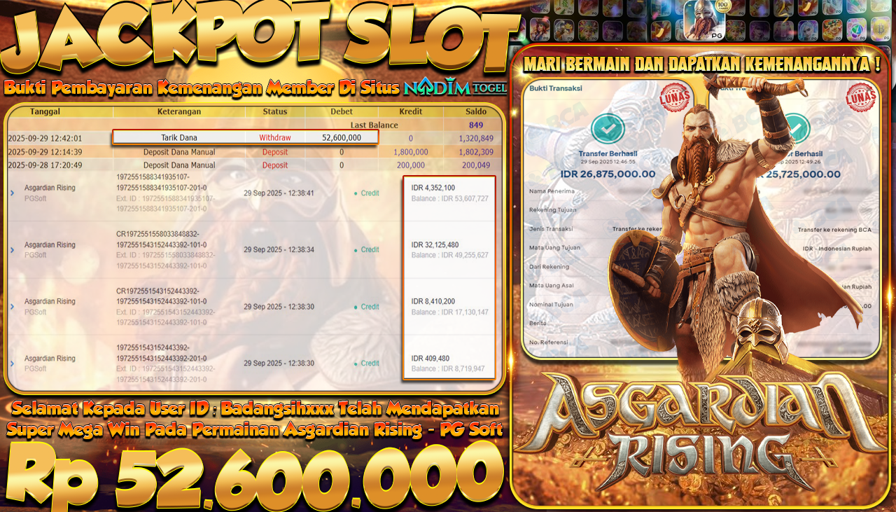 NADIMTOGEL JACKPOT SLOT ASGARDIAN RISING Rp 52.600.000,- LUNAS