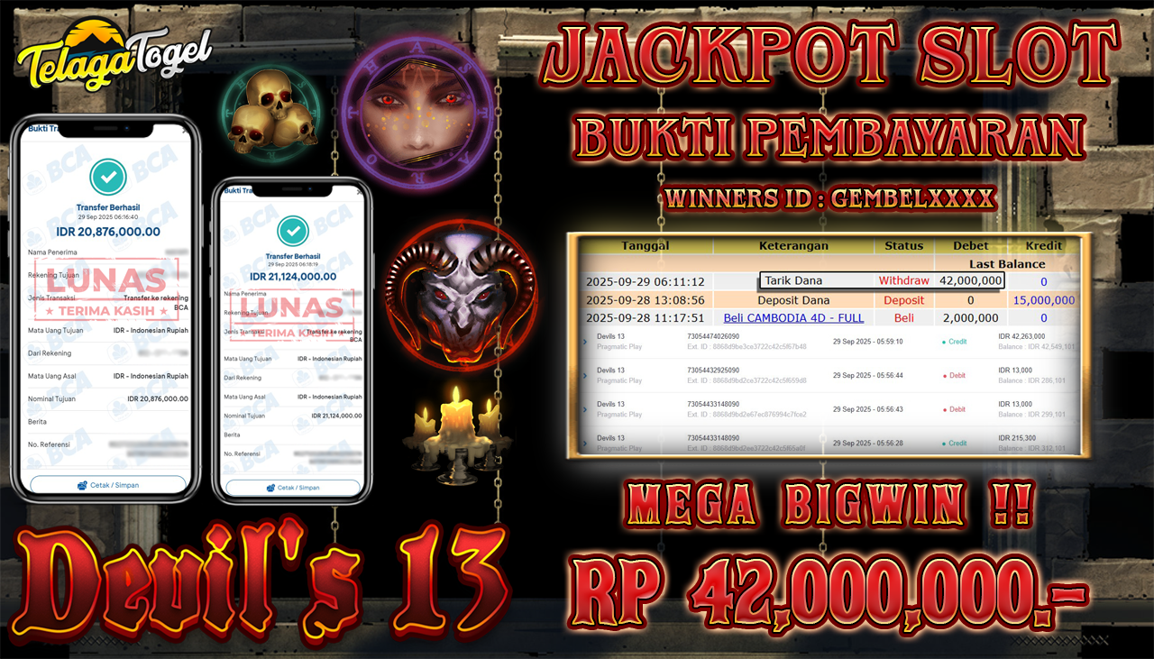 TELAGATOGEL JACKPOT SLOT DEVIL'S 13 Rp 42,000,000.- LUNAS  