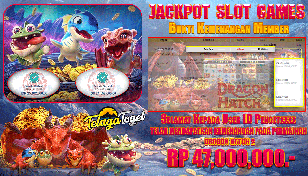 TELAGATOGEL JACKPOT SLOT DRAGON HATCH 2 Rp 47,000,000.- LUNAS  