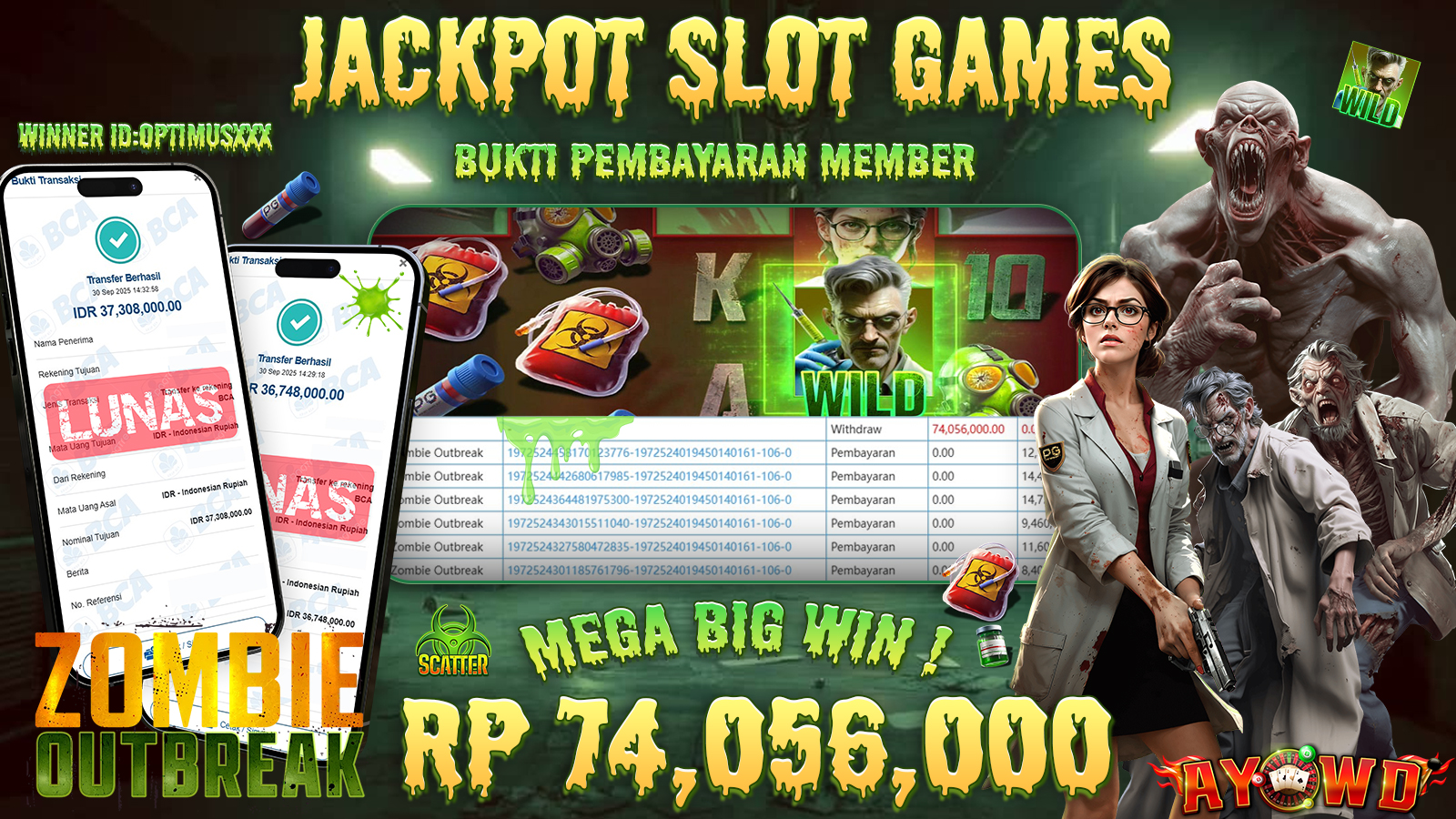 AYOWD JACKPOT SLOT GAMES PG-ZOMBIE OUTBREAK Rp 74,056,000.- LUNAS