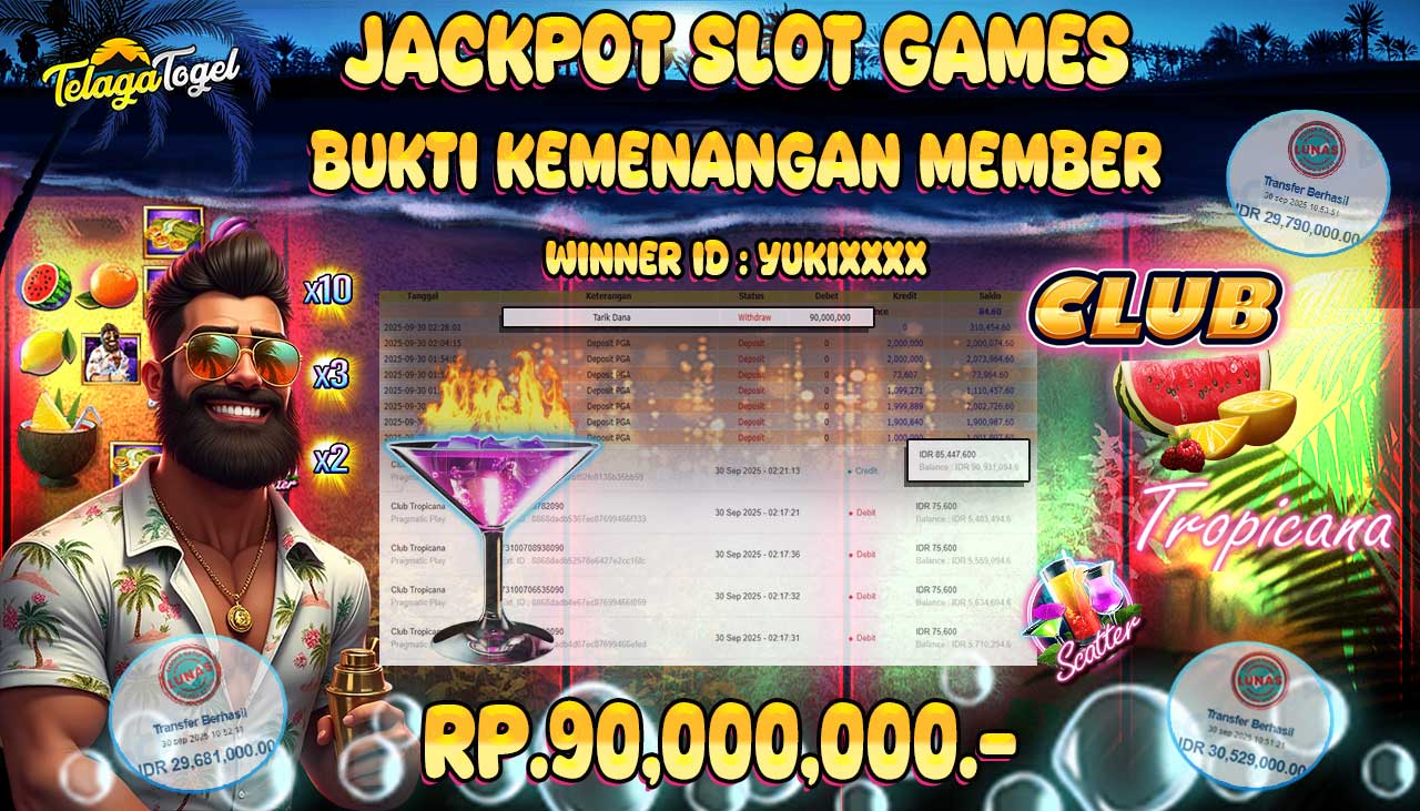 TELAGATOGEL JACKPOT SLOT CLUB TROPICANA Rp 90,000,000.- LUNAS  