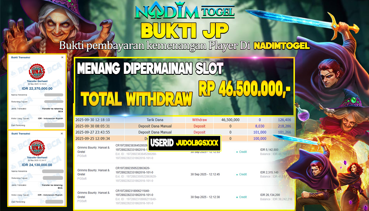 NADIMTOGEL JACKPOT SLOT GRIMMS BOUNTY: HANSEL & GRETEL- PG SOFT Rp 46.500.000,- LUNAS