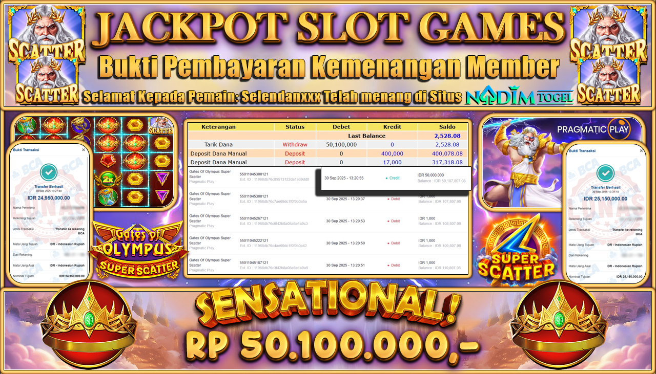 NADIMTOGEL JACKPOT SLOT GATES OF OLYMPUS SUPER SCATTER Rp 50.100.000,- LUNAS