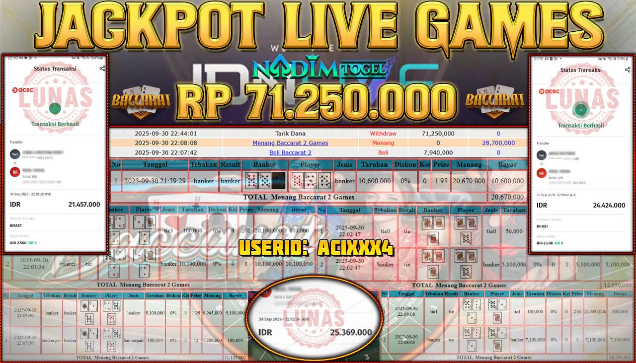 NADIMTOGEL JACKPOT LIVE GAMES BACCARAT 2 Rp 71.250.000,- LUNAS