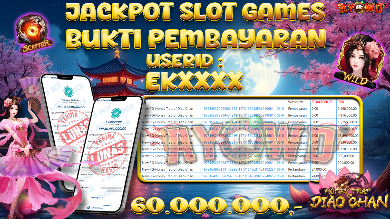 AYOWD JACKPOT SLOT GAMES New PG-Honey Trap of Diao Chan Rp 60,000,000.- LUNAS