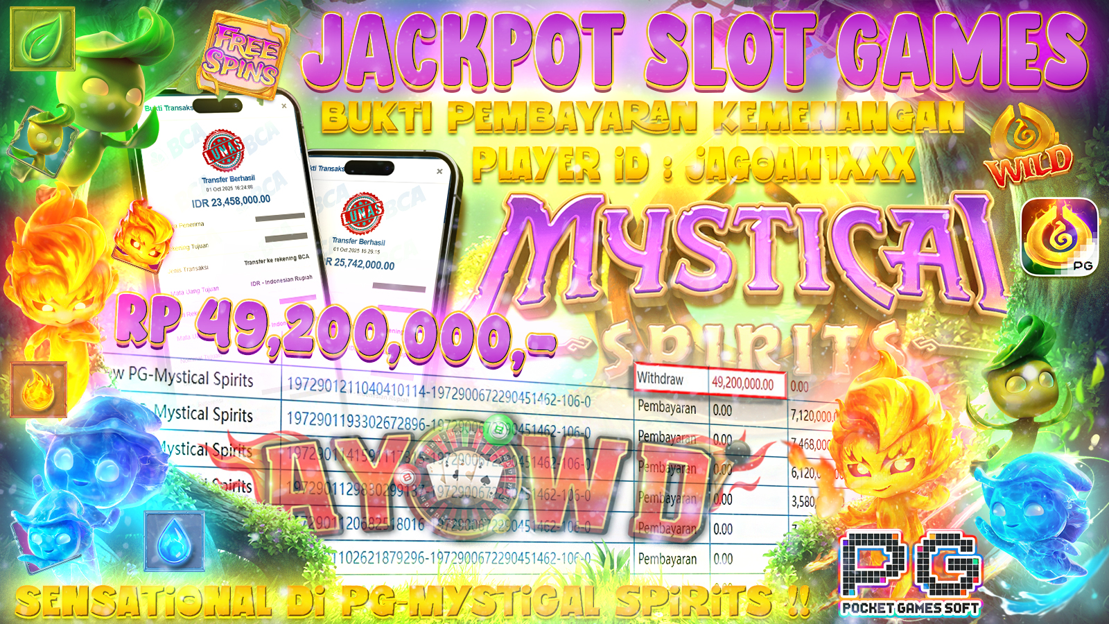 AYOWD JACKPOT SLOT GAMES PG-Mystical Spirits Rp 49,200,000.- LUNAS
