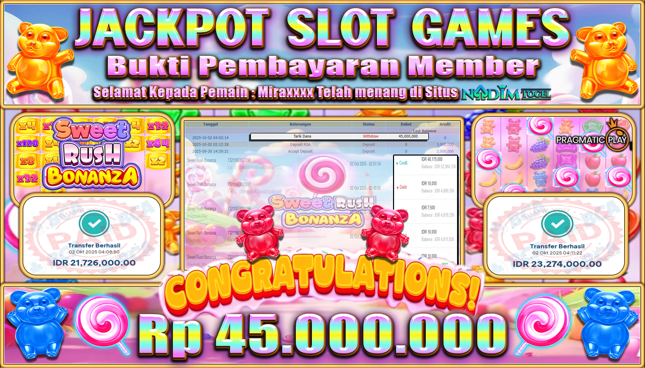 NADIMTOGEL JACKPOT SWEET RUSH BONANZA Rp 45.000.000,- LUNAS