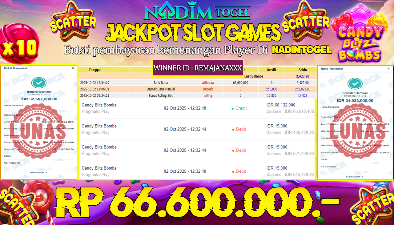 NADIMTOGEL JACKPOT SLOT CANDY BLITZ BOMBS - PRAGMATIC PLAY Rp 66.600.000,- LUNAS