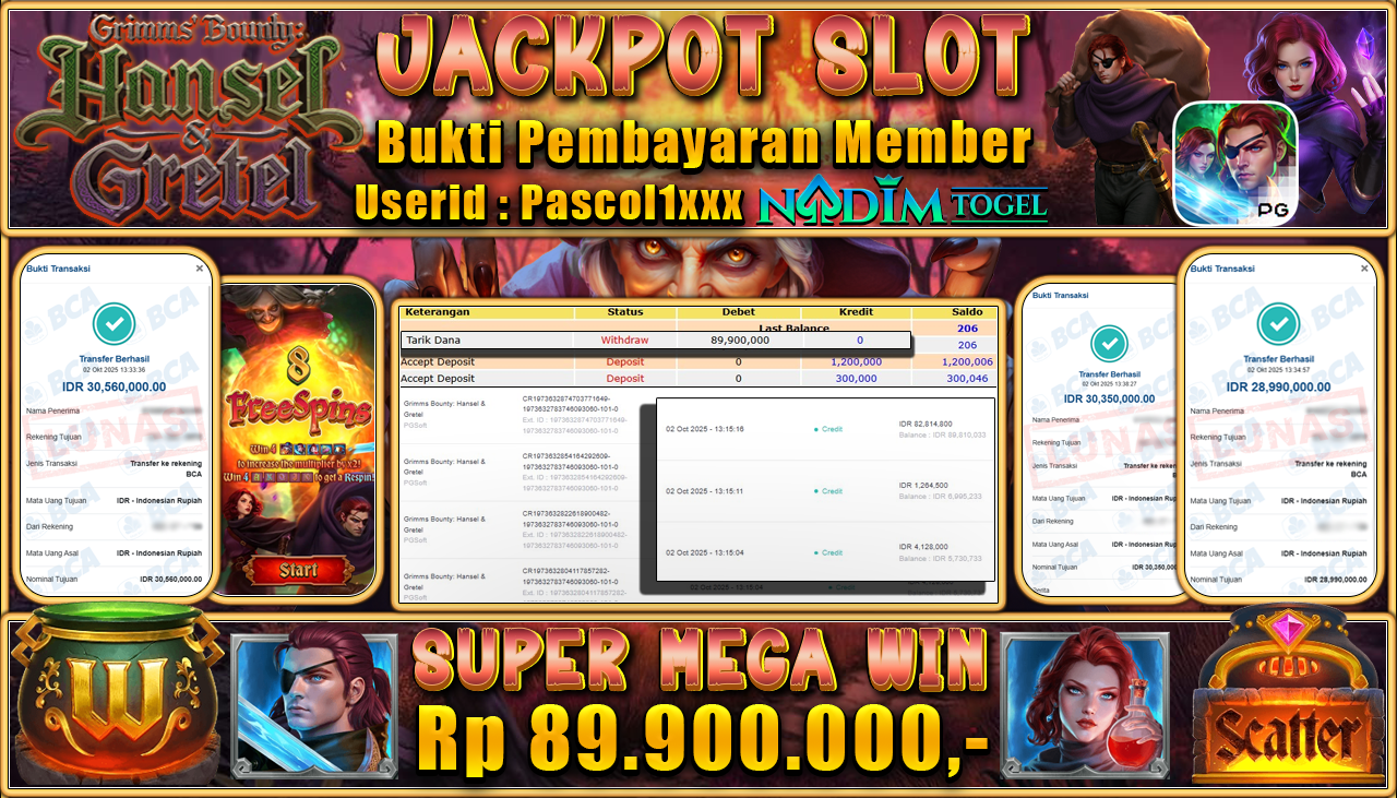 NADIMTOGEL JACKPOT SLOT GRIMMS BOUNTY HANSEL - GRETEL Rp 89.900.000,- LUNAS