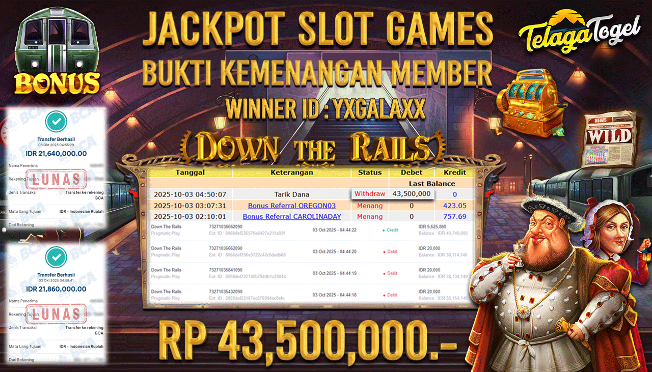 TELAGATOGEL JACKPOT SLOT DOWN THE RAILS Rp 43,500,000.- LUNAS  