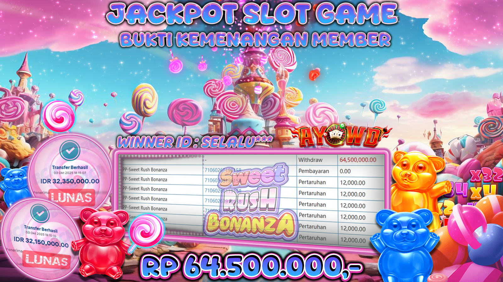 AYOWD JACKPOT SLOT GAMES PP-SWEET RUSH BONANZA Rp 64,500,000.- LUNAS