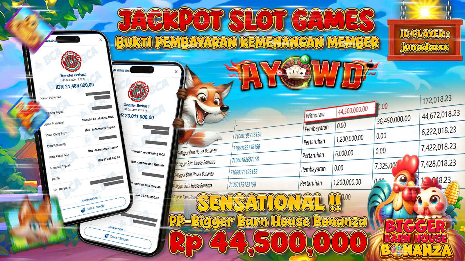 AYOWD JACKPOT SLOT GAMES PP-Bigger Barn House Bonanza Rp 44,500,000.- LUNAS