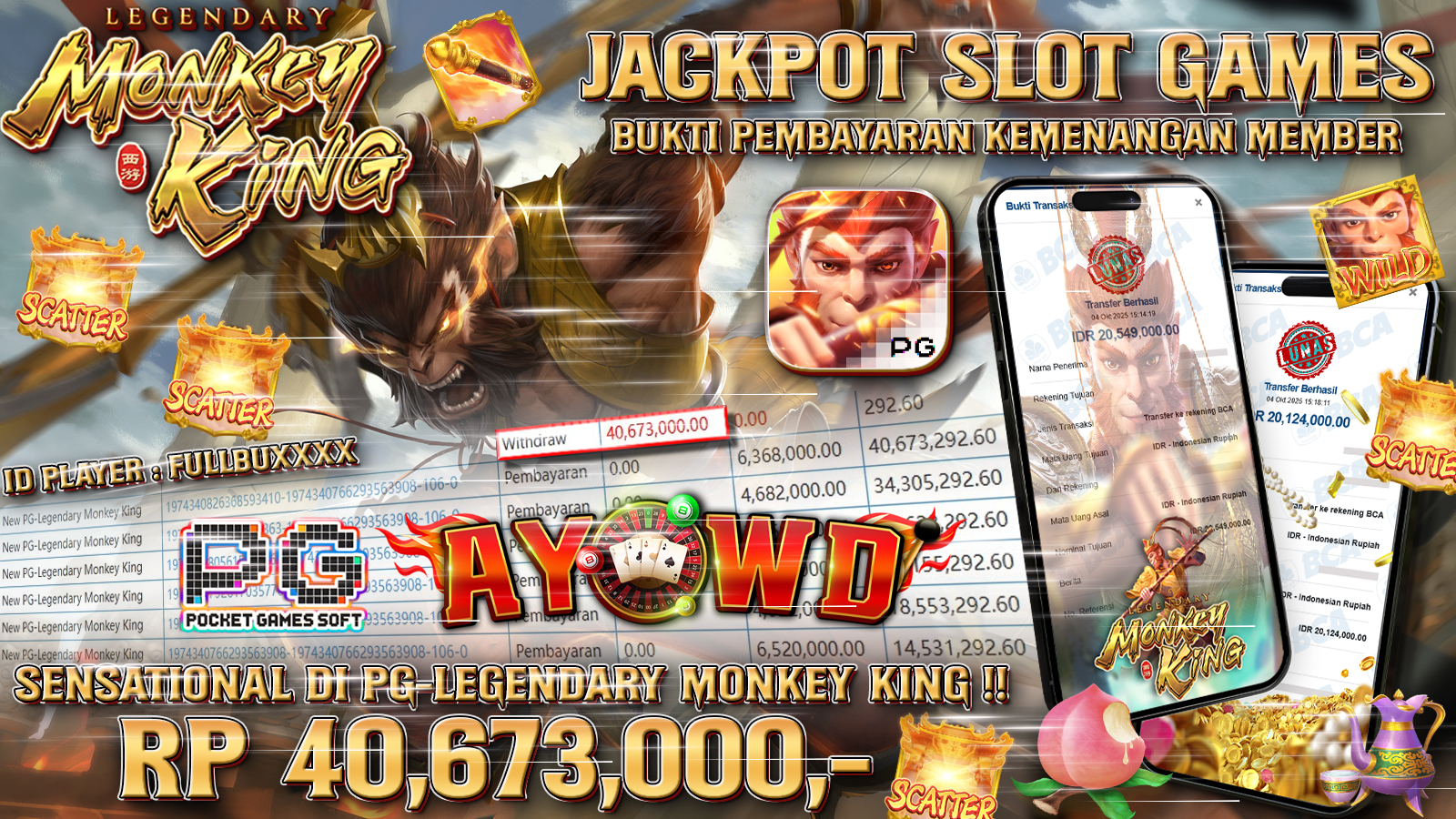 AYOWD JACKPOT SLOT GAMES PG-Legendary Monkey King Rp 40,673,000.- LUNAS