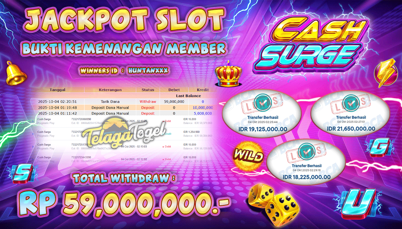 TELAGATOGEL JACKPOT SLOT CASH SURGE Rp 59,000,000.- LUNAS  